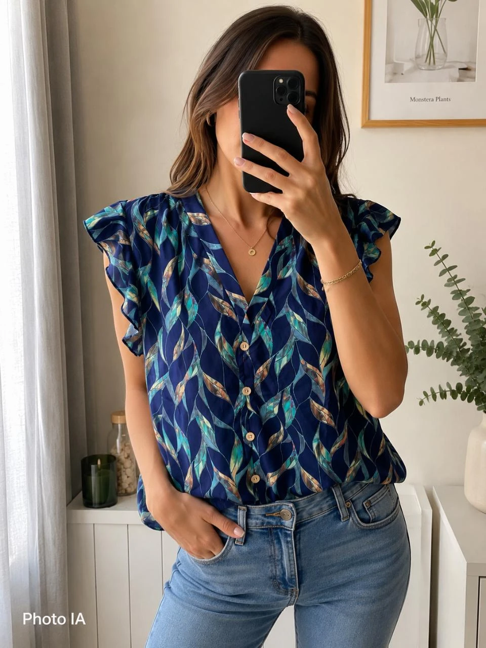 Blouse marine fleurie – élégance légère & féminine neuve Taille M